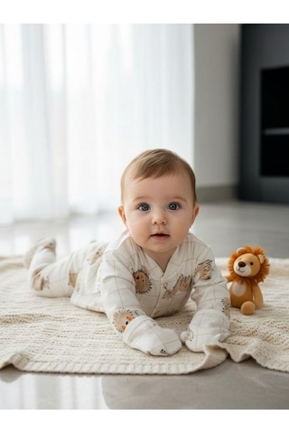 Zekids Bebek Pamuklu Eldivenli Üst Ve Patikli Altlı Pijama Takımı-16787 Bej