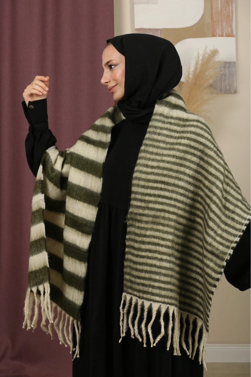 Çift Taraflı Kışlık Omuz Şalı Haki