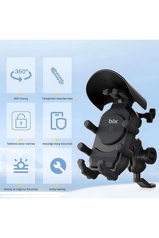 Ayna Bağlantılı Güneş Ve Yağmur Korumalı 360 Derece Ayarlanabilir Motosiklet Telefon Tutucu