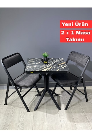 Mercan Luanda Mermer 2 Kişilik Kare Mutfak Yemek Masası Takımı 2+1 Keten Gri 60 Cm Luanda Gri 2'li