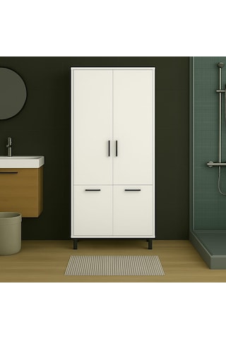 Çift Çamaşır Sepetli Banyo Dolabı Beyaz