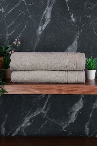 Ayak İzi Desenli 2li Ayak Havlusu - 50x70 Cm - Su Emici Banyo Paspası Seti - Krem krem