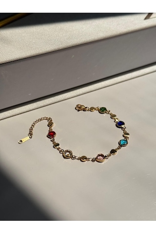Renkli Taş Detaylı Altın Kaplama Bileklik Zarif Kadın Takı Çok Renkli