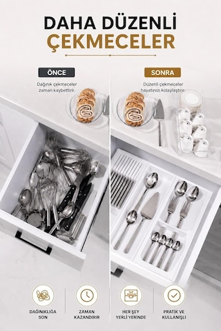 Çekmece İçi Bıçaklık Organizer Bölmeli Mutfak Düzenleyici Beyaz S-11029 Çok Renkli