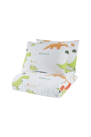 Eponj Home Enlora %100 Doğal Pamuk Kapitoneli Yatak Örtüsü Seti Çift Kişilik Dinolar Beyaz