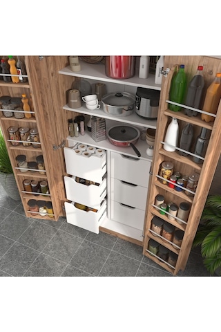 165 Derece Açılabilir 2 Kapaklı, 6 Çekmeceli, Kavanoz Raflı Kiler Ve Erzak Mutfak Dolabı Atlantik Çam