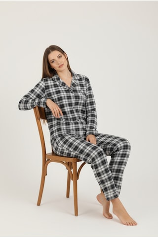 Bravie Luxury Viscose Lacivert Ekose Desenli Kadın Uzun Kollu Büyük Beden Pijama Takımı 42527 Gümüş