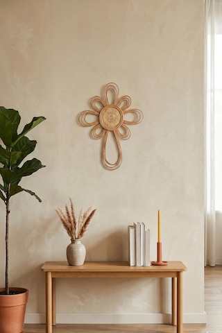 Doğal Rattan Güneş Duvar Dekoru - Bohem Çiçek Model Hasır Duvar Aksesuarı 55x77 Cm Krem