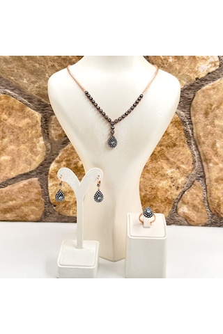 Elmas Montür Rosegold Damla Gümüş Set Takım - Lvrset11 Rose Gold