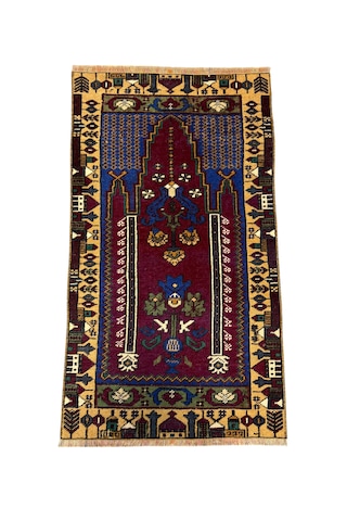 El Dokuma Eskitme Vintage Yahyalı Halısı Seccade 59x104 Kök Boya Yün Küçük Namazlık Renkli
