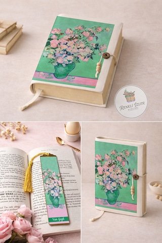 Kitap Kılıfı Ve Metal Kitap Ayracı Seti Van Gogh Pembe Güllü Vazo