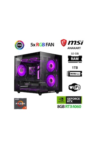 Xaser Cube X50 R7-5700X 32 GB 1 TB M.2 Nvme SSD 8 GB RTX4060 Free Dos Masaüstü Oyuncu Bilgisayarı