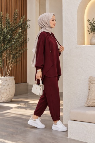 Unika Boutique Kadın Yarım Fermuar Detay İkili Salaş Takım Bordo