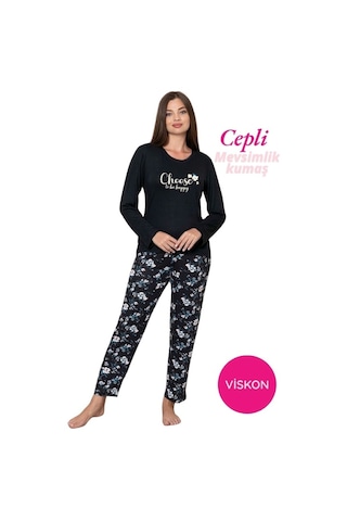Kadın Bisiklet Yaka Düğmesiz Dökümlü Viskon Mevsimlik Uzun Kol Cepli Pijama Takımı Siyah
