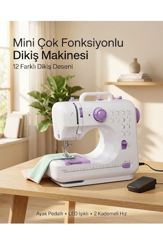 Çok Fonksiyonlu Mini Dikiş Makinesi 12 Dikiş Seçenekli 2 Kademeli Hız Ayarlı Çok Renkli