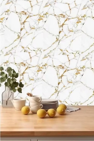 60cmx300cm Tek Parça Yapışkanlı Rulo Mermer Desenli Duvar Paneli Kağıdı Silinebilir Ls-6010-böte Altın - Beyaz