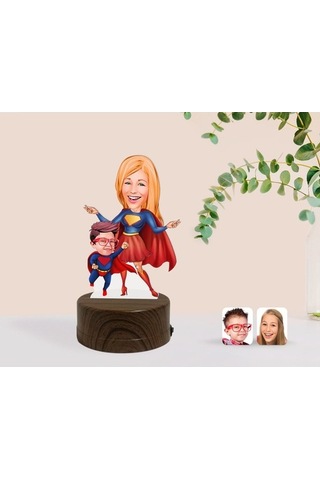 Kişiye Özel Süper Anne Ve Çocuk Karikatürlü Dekoratif 3D Biblo Le