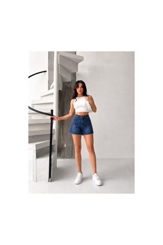 Kene Jeans Bacak Nakışlı Laci İşlemli Kısa Kot Şort Lacivert