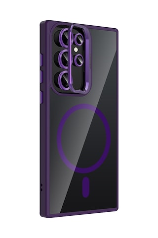 Zore Galaxy Uyumlu S22 Ultra Kılıf Standlı Ve Kamera Lens Hediyeli M-safe Şarj Özellikli Ogaa Etro Kapak - Derin Derin Mor