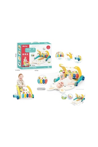 BIB6015 - Vardem Piyanolu 2 in 1 Bebek Yürüteci ve Tavşan Desenli Mavi Oyun Halısı