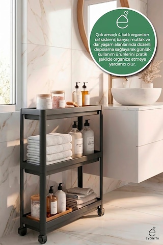 3 Katlı Tekerlekli Banyo Rafı Organizer Mutfak Düzenleyici Çok Amaçlı Servis Arabası Renkli