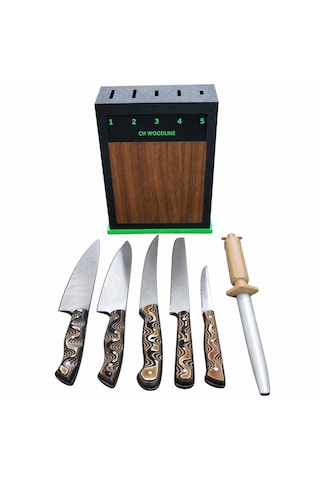 Ch Woodline 4116 Alman Çeliği 5 Li Şef Bıçak Seti, Ceviz Ön Yüzlü Stand Ve 22 Cm Masat çok renkli