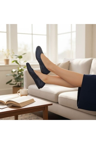 Ne&ve Shoes Lacivert Hakiki Deri Ağzı Büzgü Lastikli Kadın Rahat Babet