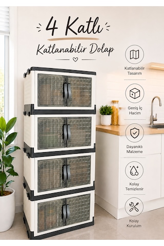 4 Katlı Katlanabilir Modüler Dolap Ofis Kiler Banyo Mutfak Düzenleyici İstiflenebilir Çok Amaçlı Dolap 45 L Beyaz