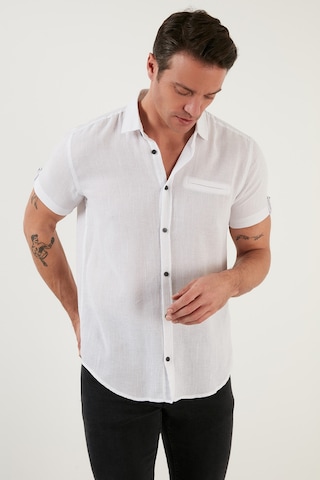 Buratti % 100 Pamuk Keten Görünümlü Slim Fit Kısa Kollu Erkek Gömlek Cf21S111766 Beyaz