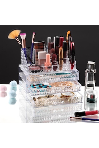 Vivart Diomand 3 Çekmeceli 1 Makyaj Kalemlik Makyaj Takı Seti Makyaj Kozmetik Düzenleyici Organizer Şeffaf Beyaz