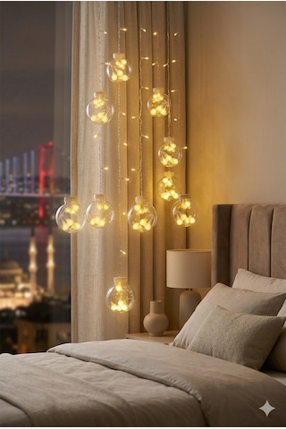 3 Metre 10 Toplu Perde Led Işık - Gün Işığı Şeffaf Dekoratif Aydınlatma - 8 Fonksiyonlu Led Renkli