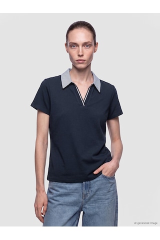 Lcw Comfort Lacivert Polo Yaka Çizgili Kadın Tişört