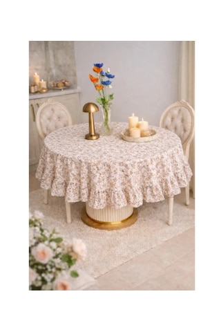 Fırfırlı Yuvarlak Masa Örtüsü Vintage 130 X 130 Cm Bej