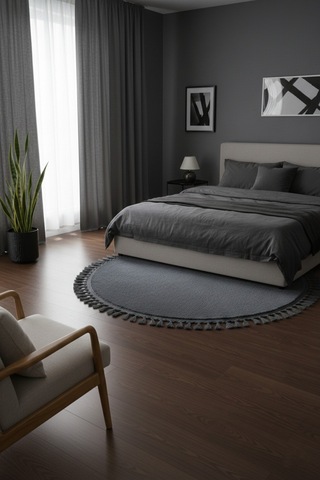 Comfort Yuvarlak Ponpon Saçaklı Peluş Halı Yatak Odası- Çocuk Odası- Antre- Yemek Odası Kaymaz Taban Antrasit