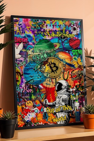 Astronot Gezegenler Bitcoin Çerçeveli Tablo Kripto Yatırımcıları Ve Borsacılara Özel Hediye Street Art