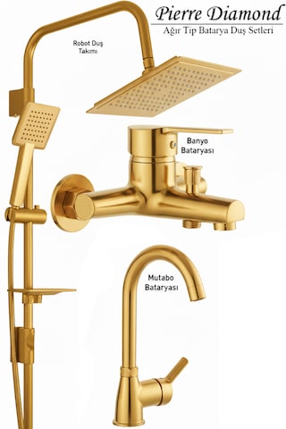 Lüks Banyo Lavabo Bataryası Ve Robot Duş Takımı Gold Renk Altın