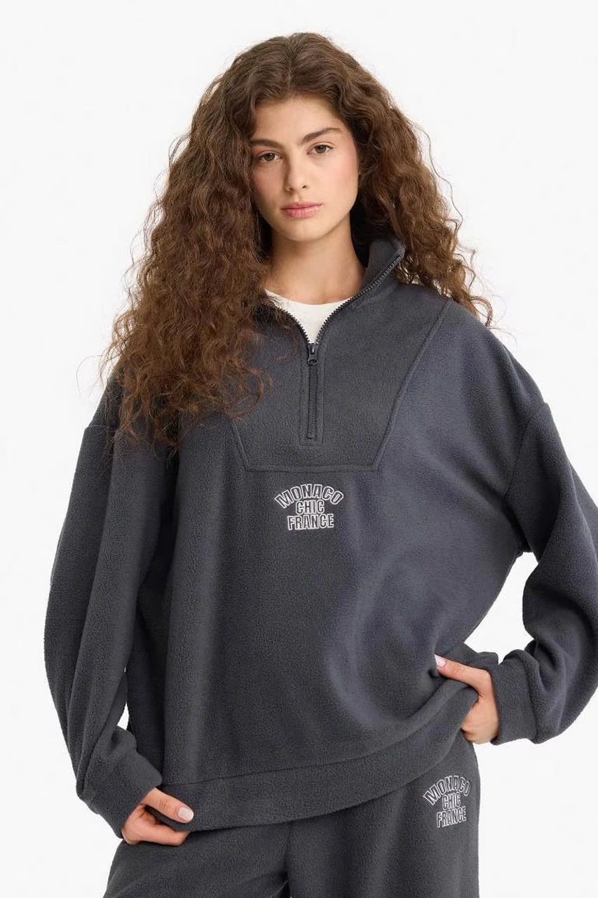 Defacto Oversize Dik Yaka Fermuarlı Baskılı Polar Antrasit Kadın Sweatshirt Y2649az/ar191 Antrasit