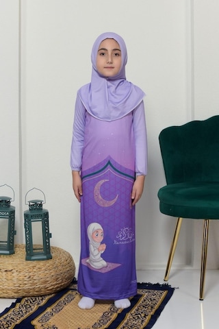 Çocuk Namaz Takımı Pratik Tek Parça Desenli Kollu Tak Çıkar Başörtülü Likralı Tesettür Elbise 6-12 Yaş 925-0201 Mor