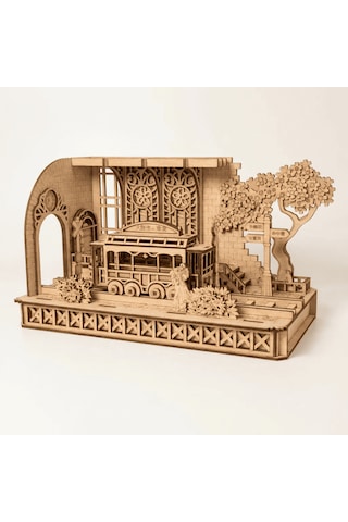 Japanese Tram Station Diorama Ahşap Maket Seti Japon Tramvay İstasyonu Peri Led'li Dıy Model