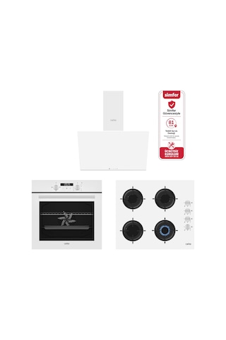 Carino 4 Fonksiyon Dijital Beyaz Power Turbo 3'lü Emaye Ocaklı Ankastre Set Fırın+Ocak+Davlumbaz