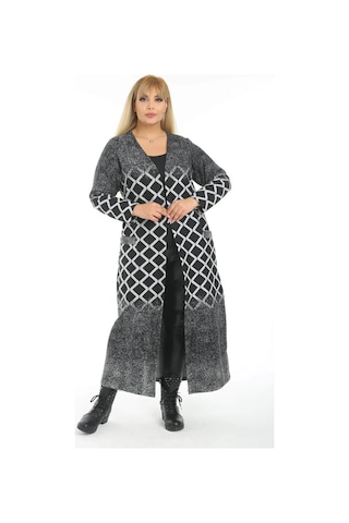 Mia Butik Büyük Beden Gri Geometrik Desenli Uzun Hırka Gri