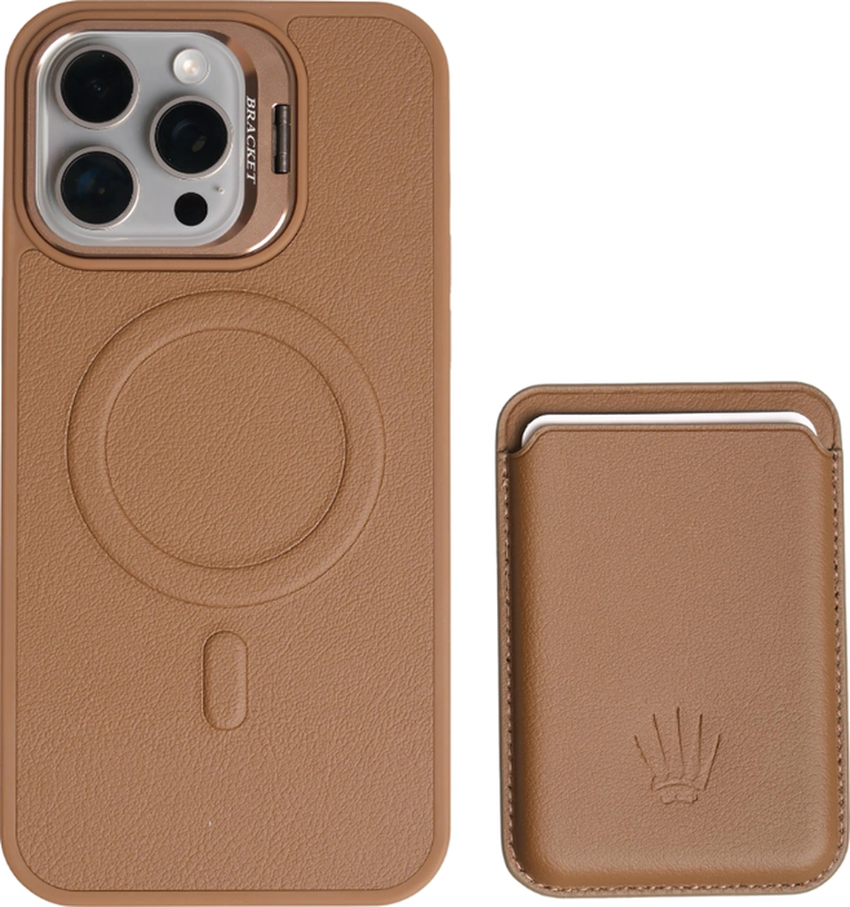 Primecase Apple Uyumlu iPhone 15 Pro Max Kahverengi Manyetik Özellikli Standlı Deri Kılıf+kartlık Kahverengi