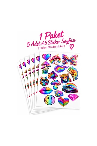 Lak Baskı Renkli Hologram Sticker Seti 5li A5 Toplam 80 Adet Çok Renkli Lak Baskı Renkli Hologram Sticker Seti 5li A5 Toplam 80 Adet Çok Renkli