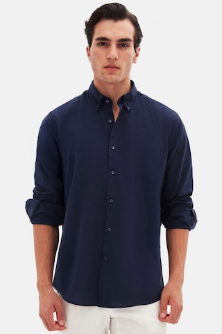 D'S Damat Ds Damat Comfort Lacivert Düğmeli Yaka Rahat Kesim Keten Görünümlü %100 Pamuk Gömlek 2hc02ort64265 Lacivert