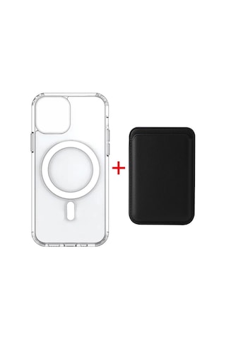 Iphone 12 Mini Ile Uyumlu Magsafe Özellikli Şeffaf Kılıf + Magsafe Kartlık Siyah