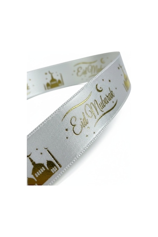 Eid Mubarak Yazılı Hediye Paketleme Kurdelesi, Altın Varak Krem Saten Kurdele, 2.5cm X 5m Standart