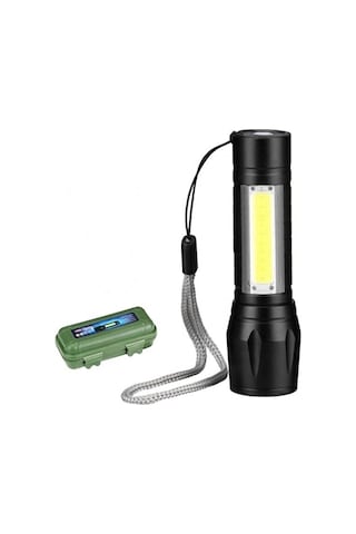 Usb Şarjlı Zoomlu Mini El Feneri Q5 Güçlü Işık Yan Cob Led Sos Mod Kutulu Şarj Kablolu Set