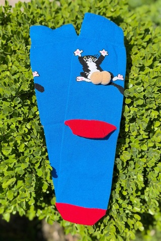 Lousocks Unisex Lacivert Sırtüstü Kedi Desenli Ponpon Soket Çorap