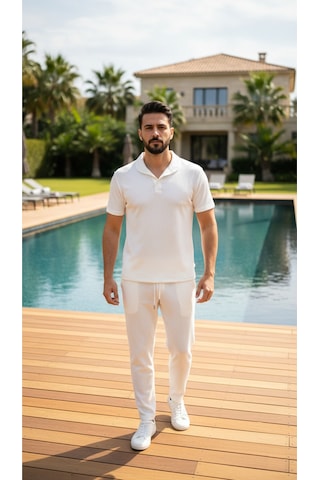 Fifty Color Unisex Trend Bürümcük Krinkıl Kumaş Yazlık Likralı Kısa Kol Tişört Eşofman Takım Beyaz