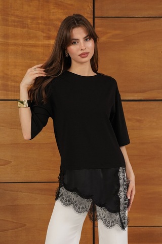Verymoda Dantel Ve Saten Detaylı Asimetrik Tişört D2942 Siyah